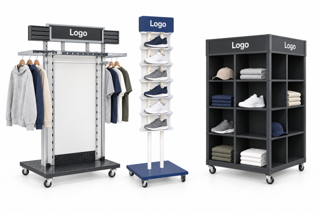 Retail display concepts featuring a clothing rack, a vertical shoe stand, and cubby shelving for folded clothes, hats, and shoes.