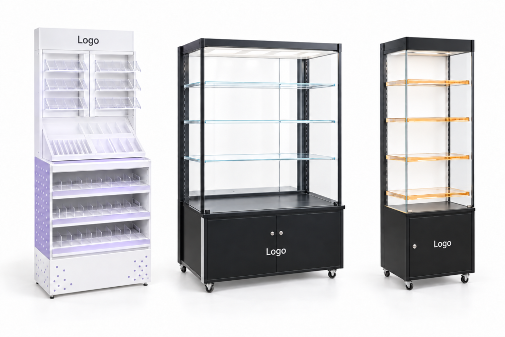 Cosmetics and eyewear display concepts featuring a white compartment rack and two black-framed display cabinets with transparent shelves.