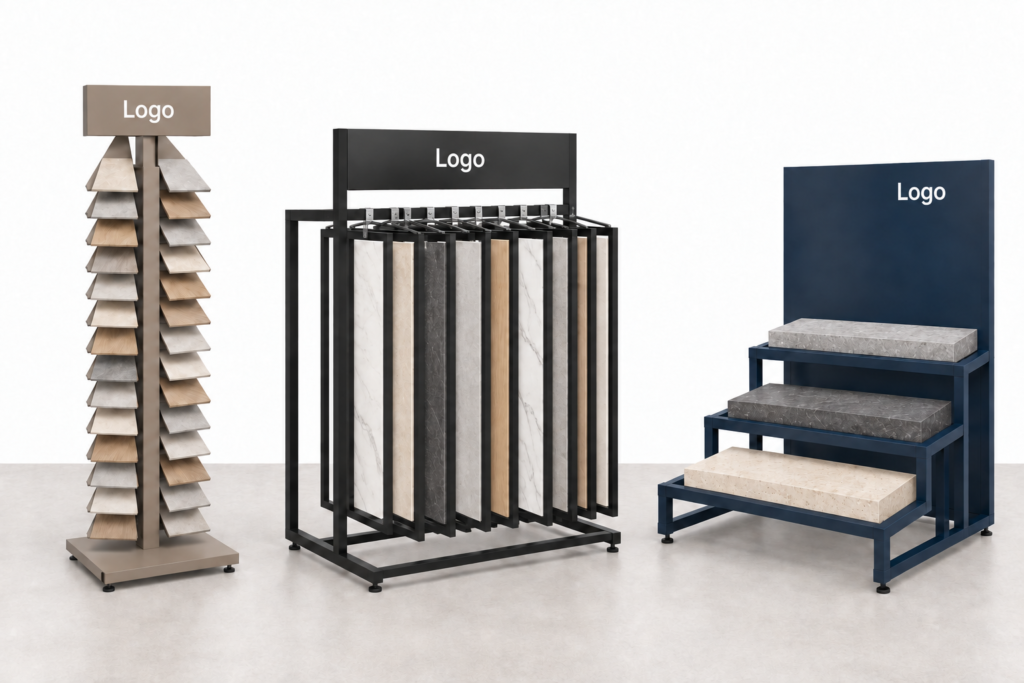 Tile and flooring sample display concepts featuring a vertical sample tower, a rack with hanging panels, and a stepped sample stand.