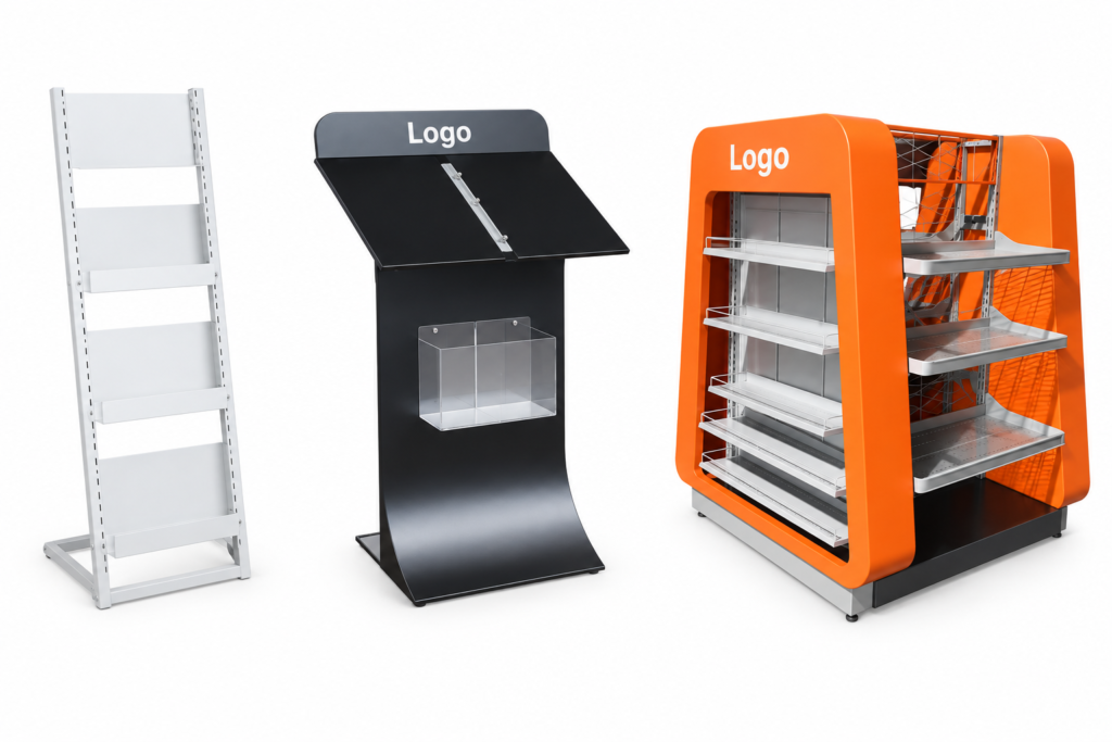 Retail display concepts featuring a white literature rack, a black angled stand with a clear front pocket, and an orange shelving unit.