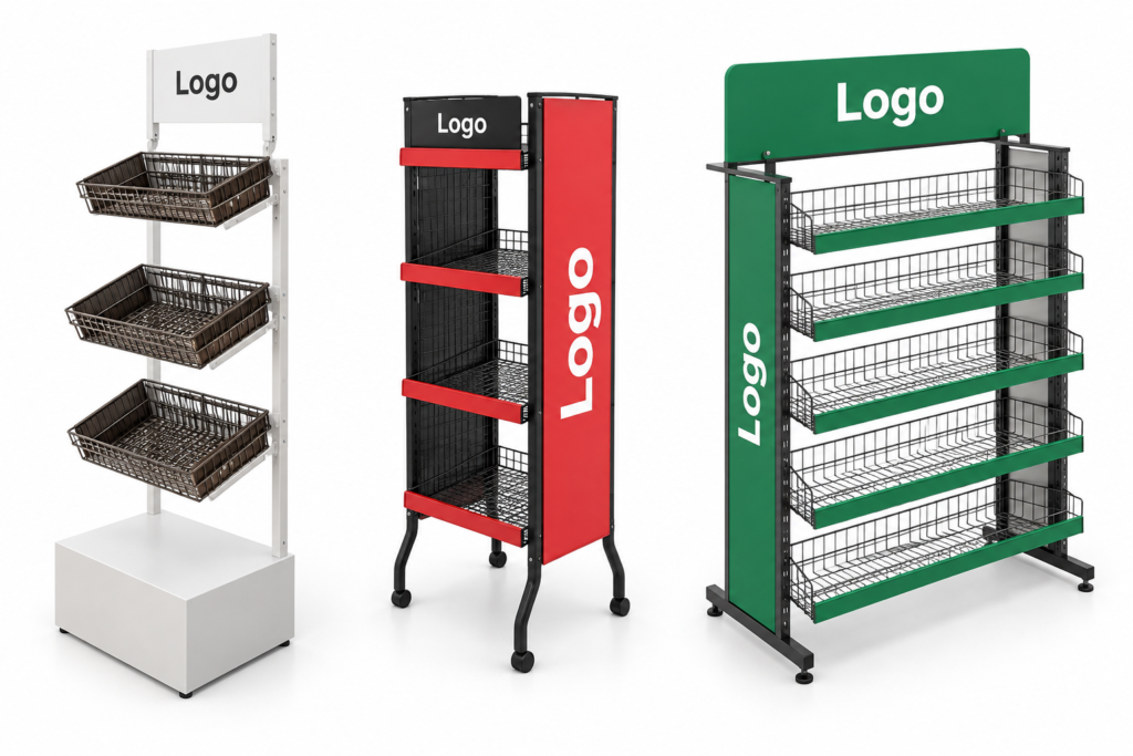 Retail display concepts featuring a white stand with three wire baskets, a narrow red and black shelf rack, and a wide green wire-basket display.