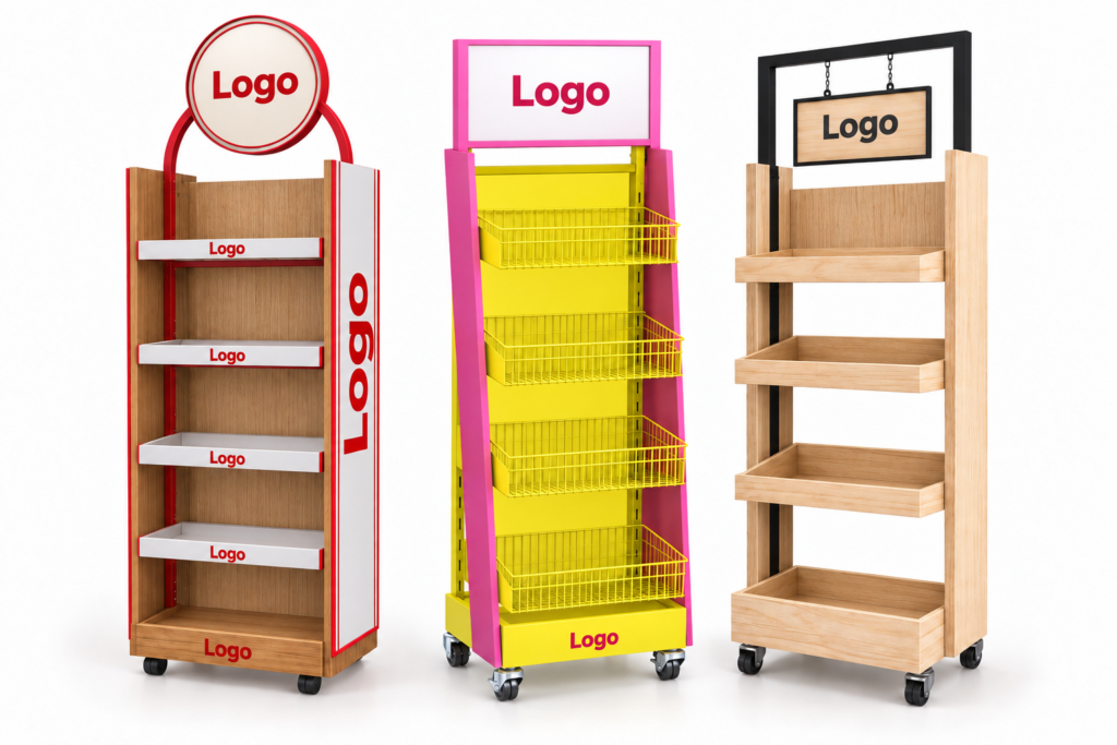 Three beverage display rack concepts with shelves or wire baskets, header signs, and caster wheels.
