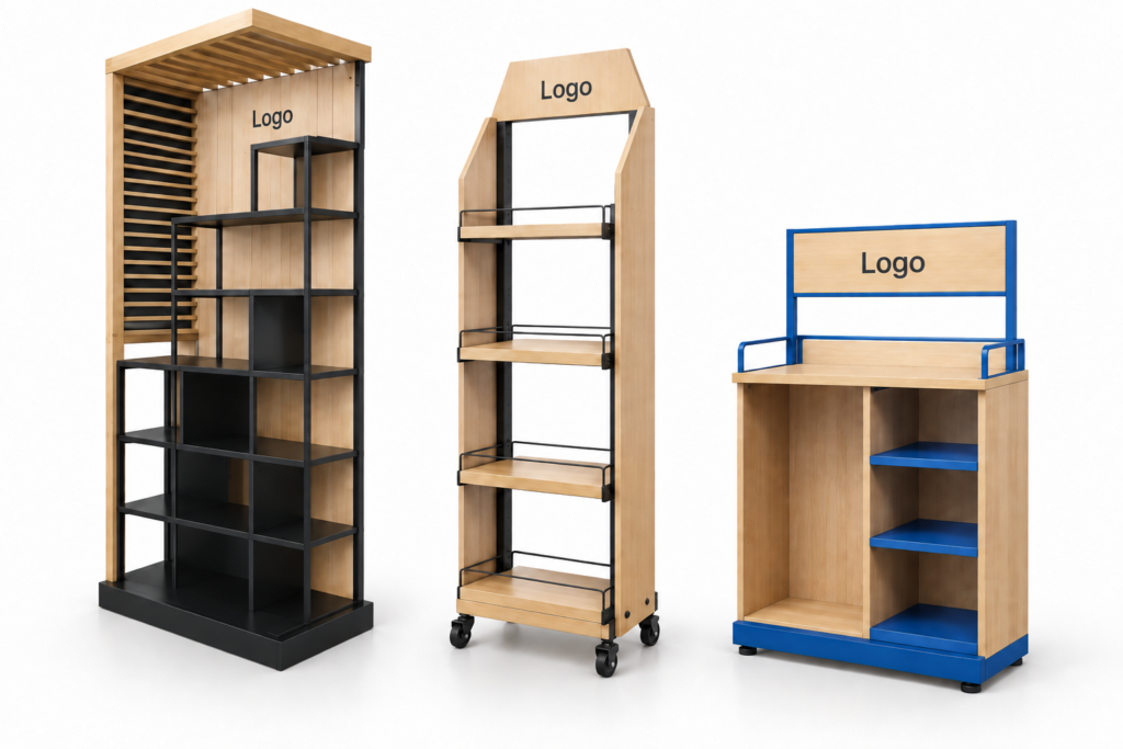 Wood and metal display concepts featuring black shelving with a wooden backdrop, a tall wooden rack, and a compartment stand with blue trim.