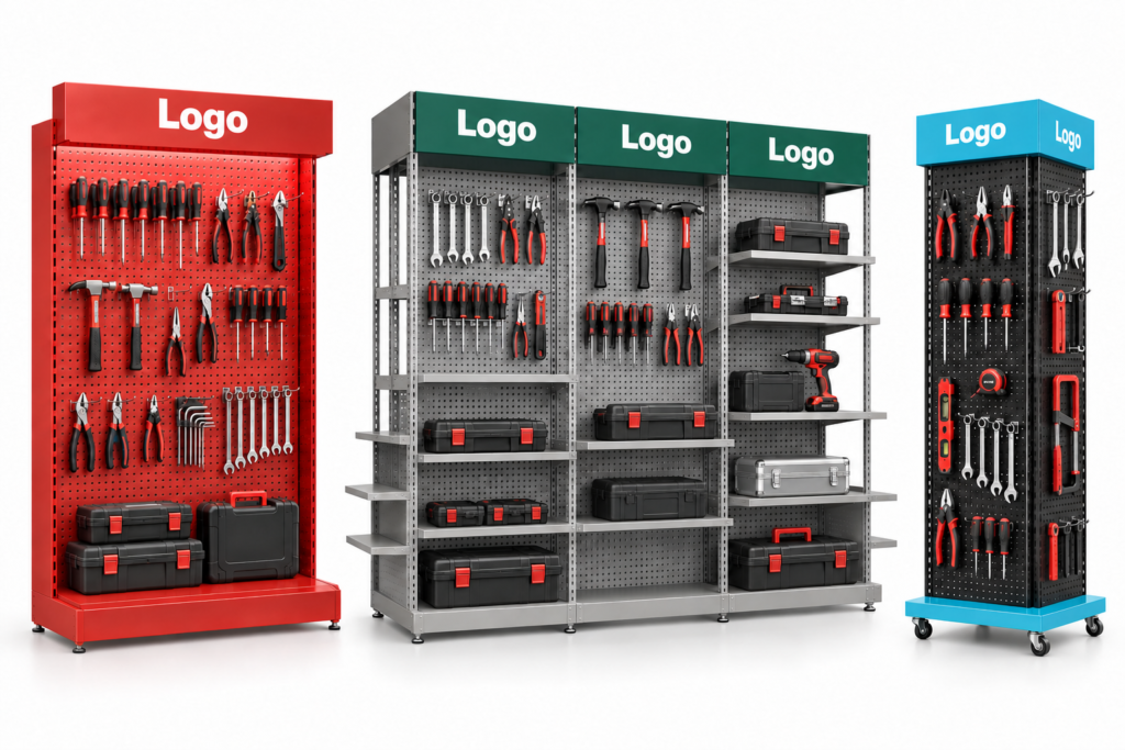 Tool display stand concepts with pegboard panels, hooks, and shelves holding hand tools and tool cases.