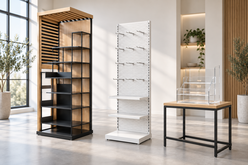 Retail display concepts showing wood and metal shelving, a white pegboard stand, and a clear acrylic countertop display.