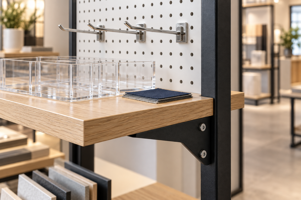 Close-up of a retail display with a wooden shelf, black metal frame, white pegboard with hooks, and clear acrylic compartments.