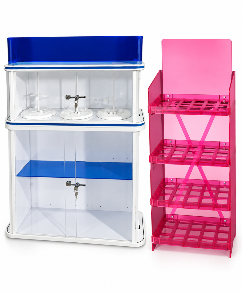 Acrylic retail displays: a clear cabinet with blue accents and a pink four-tier display stand.