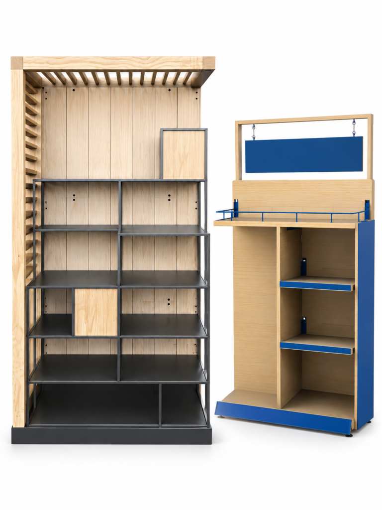 Wood and metal retail displays: a wooden backdrop with black metal shelving and a wooden display stand with blue trim and compartments.