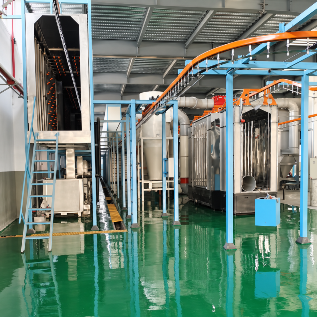 Powder coating line with an overhead conveyor, hanging metal parts, and enclosed processing equipment.