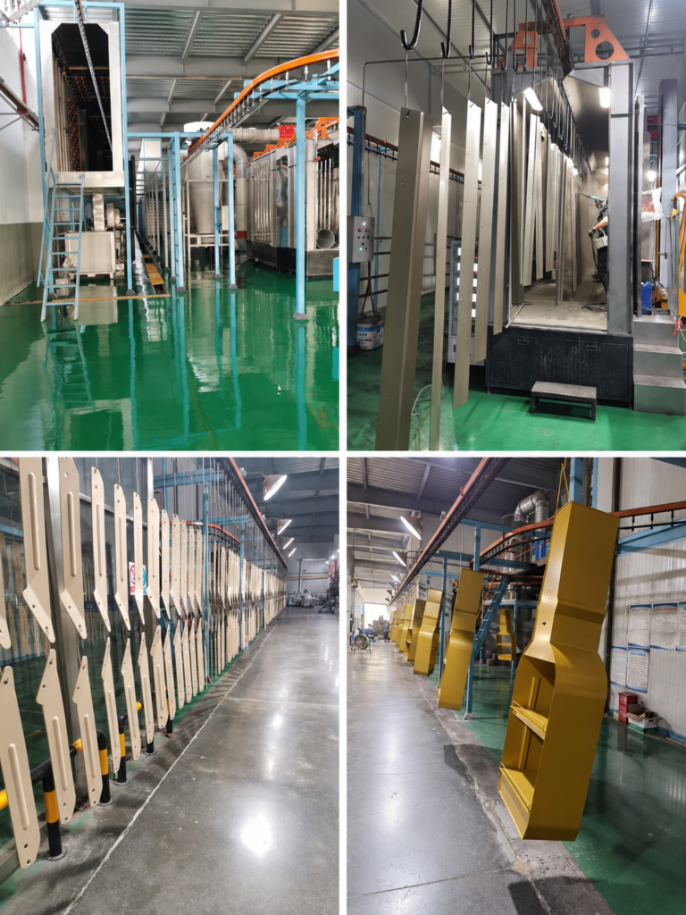 Powder coating workshop collage showing conveyor equipment, a worker spraying hanging metal panels, and coated parts suspended from overhead rails.