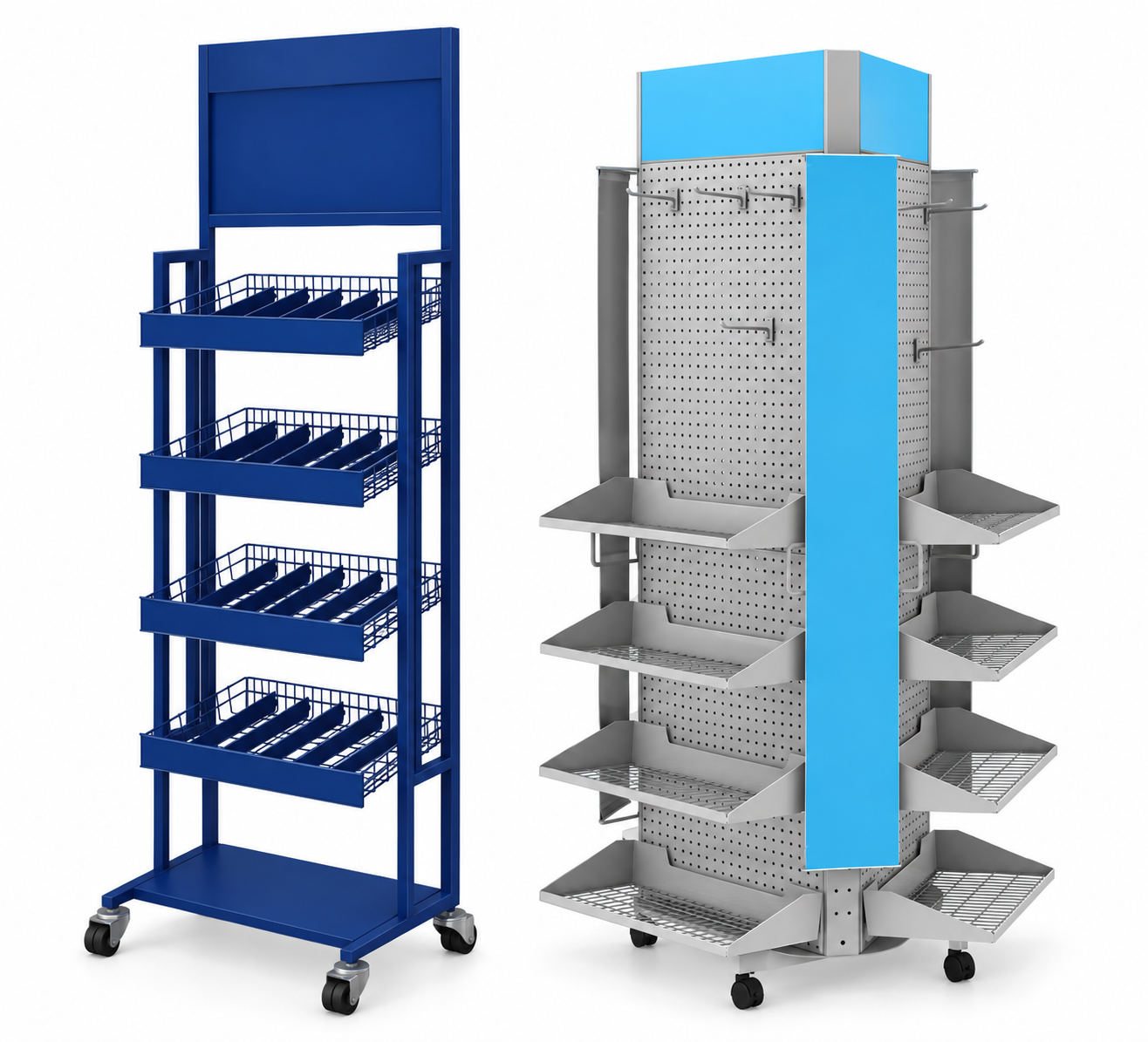 Metal retail display stands: a blue wire-basket rack and a multi-sided pegboard display with shelves and hooks.