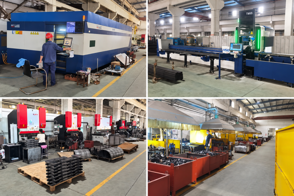 Metal fabrication workshop collage showing sheet and tube laser cutting equipment, press brakes, and welding workstations.