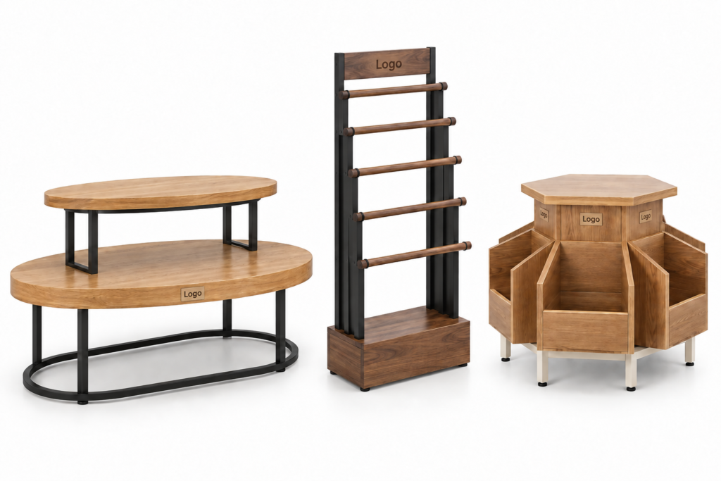 Wood and metal retail display concepts featuring a two-tier oval table, a tall rack with horizontal rails, and a wooden bin stand with divided compartments.