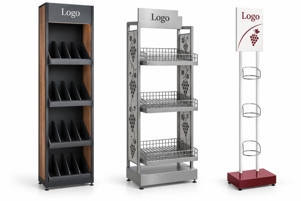 Retail display concepts featuring a dark shelving unit with dividers, a metal wire-basket rack, and a slim stand with circular holders.