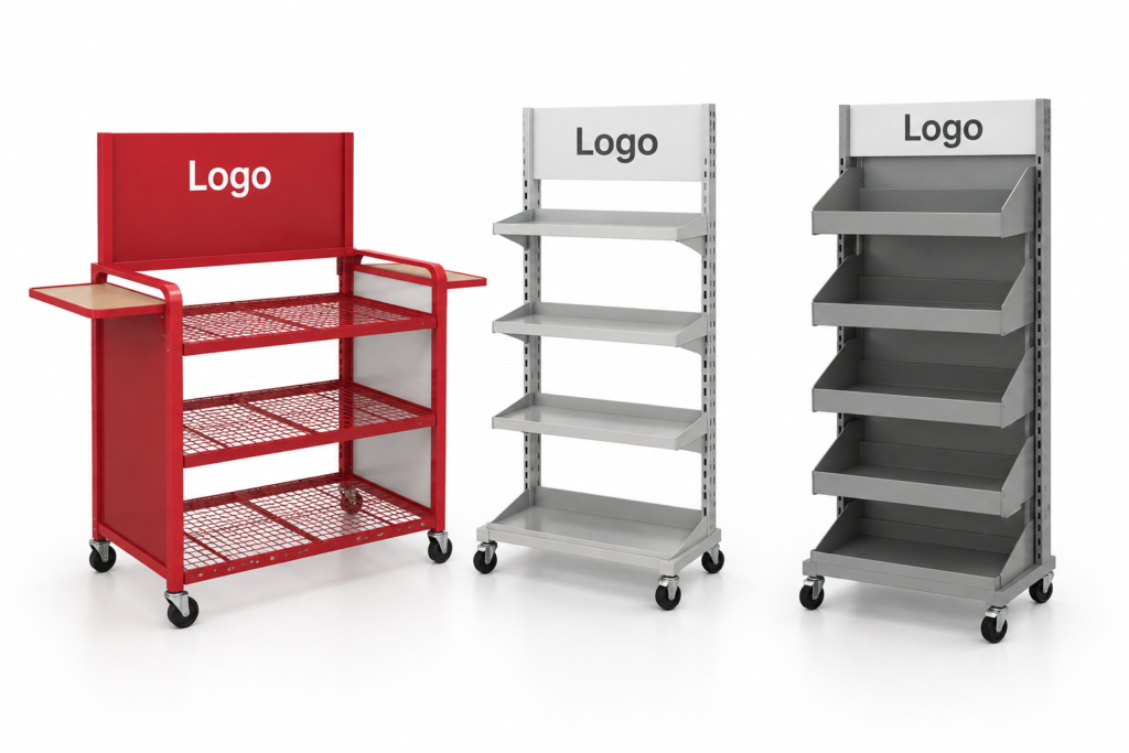 Retail display concepts featuring a red wire-shelf cart, a white shelving stand, and a gray rack with angled trays, all on caster wheels.