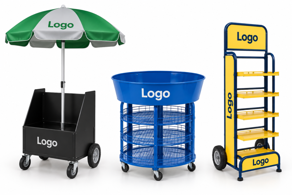 Promotional display concepts featuring a black cart with a green umbrella, a blue circular wire-bin stand, and a yellow and blue wheeled shelf rack.