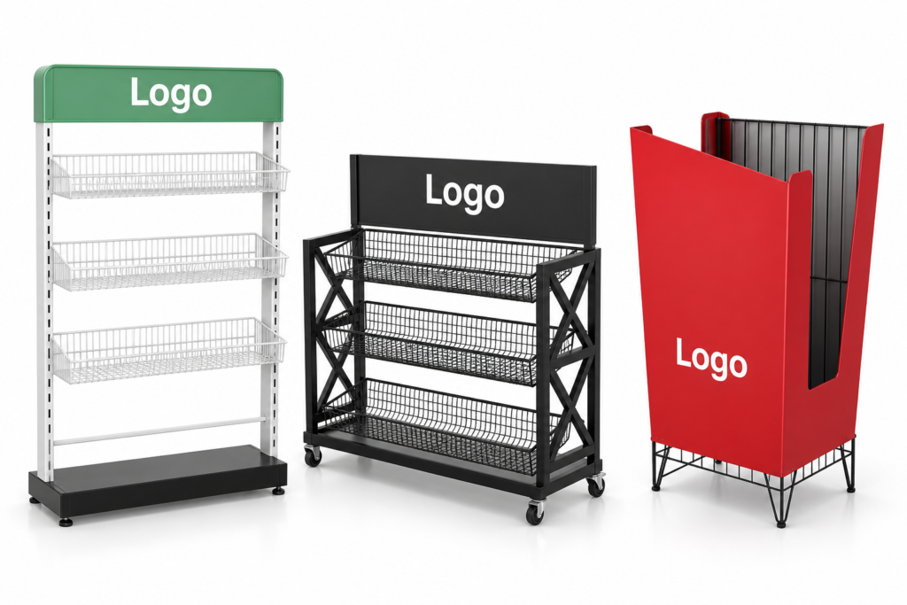 Retail display concepts featuring a tall white wire rack with a green header, a black mesh shelving unit, and a red display bin with tall side panels.