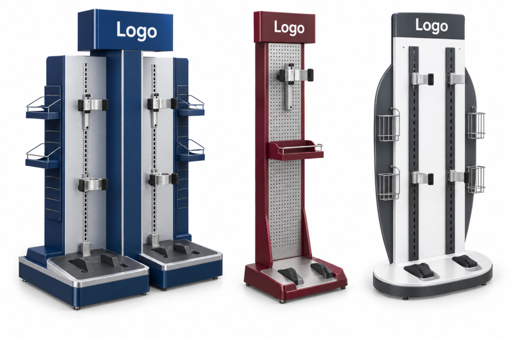 Freestanding retail display concepts with pegboard panels, product holders, side baskets, and header signs in blue, red, and white.