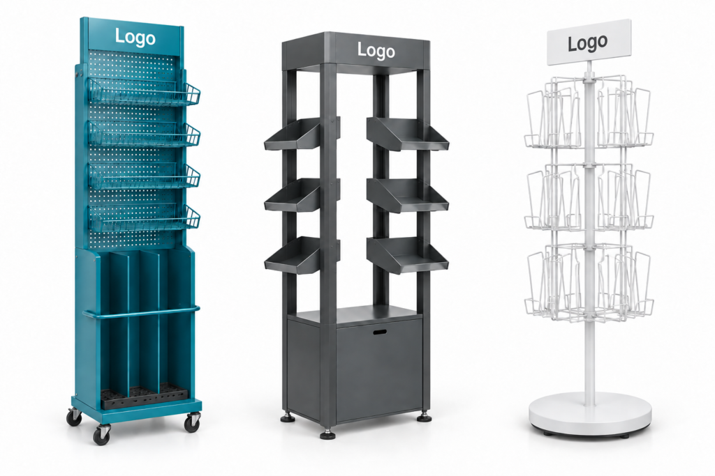 Retail display concepts featuring a blue wire-basket rack, a black shelving tower, and a white stand with three tiers of wire baskets.