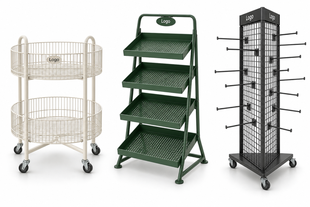 Retail display concepts featuring a round two-tier wire basket cart, a green four-tier shelf rack, and a black grid-panel stand with hooks.