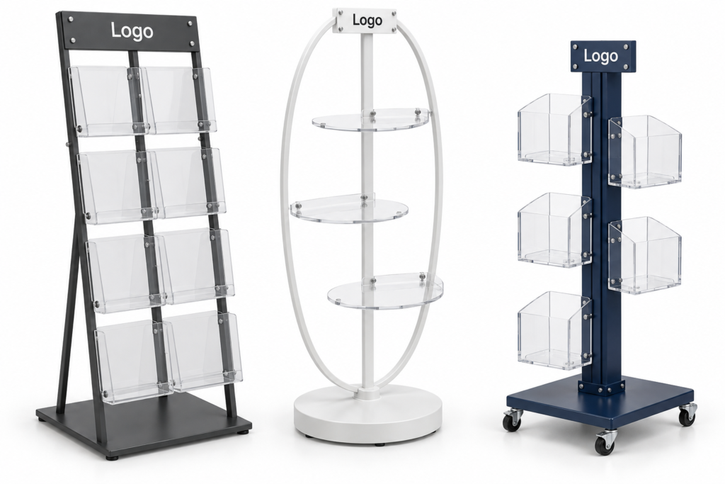 Retail display concepts featuring a slanted rack with clear pockets, an oval frame with circular shelves, and a wheeled stand with clear side bins.