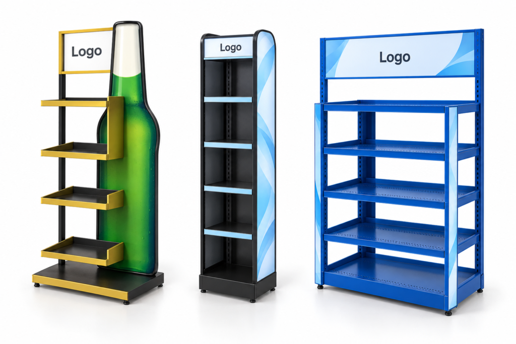 Retail display concepts featuring a bottle-shaped side panel with shelves, a slim black shelving tower, and a wide blue shelf rack with a header sign.